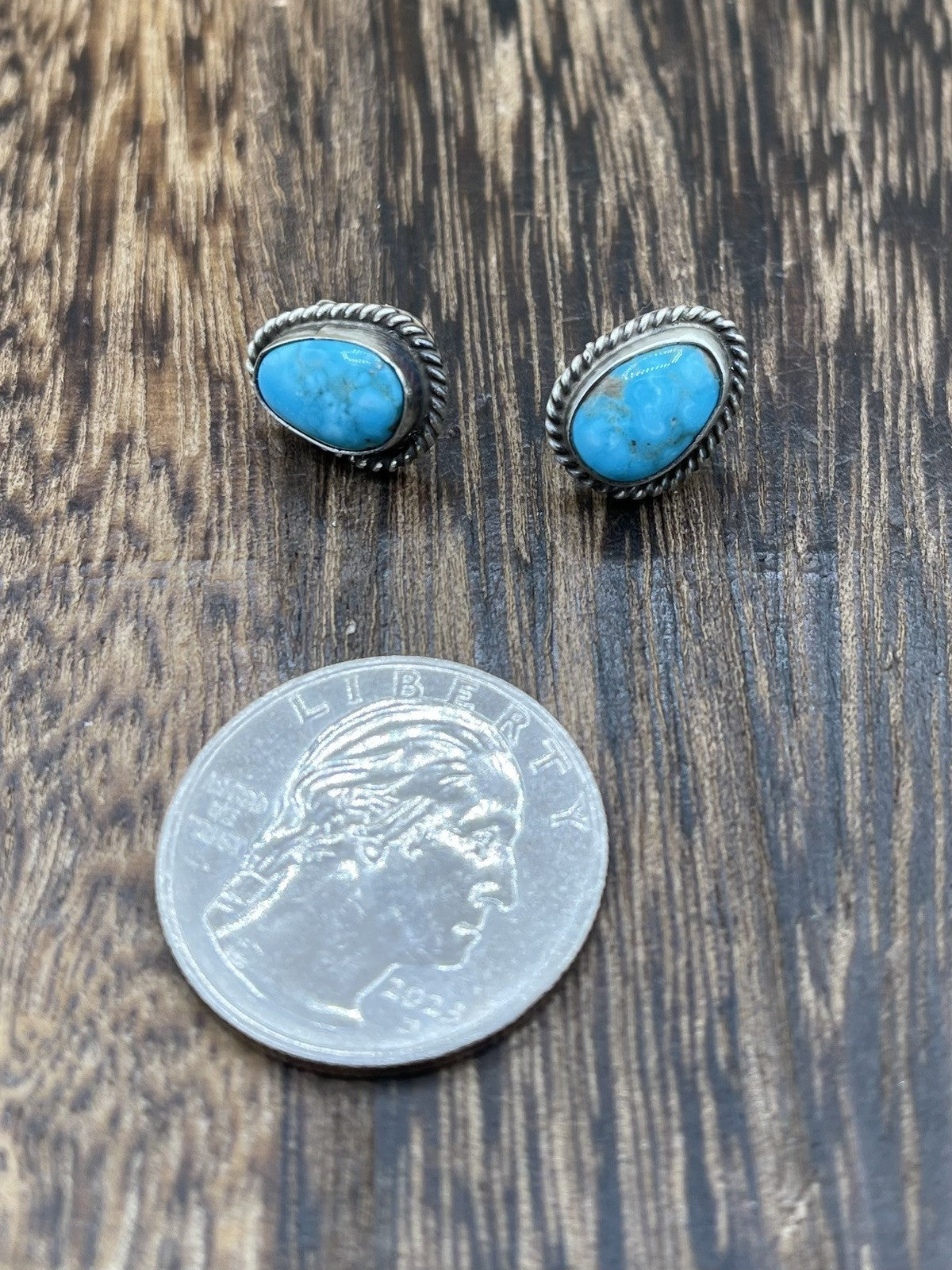 Navajo Handmade Sterling Silver Kingman Turquoise Post Stud Earrings Byron Begay