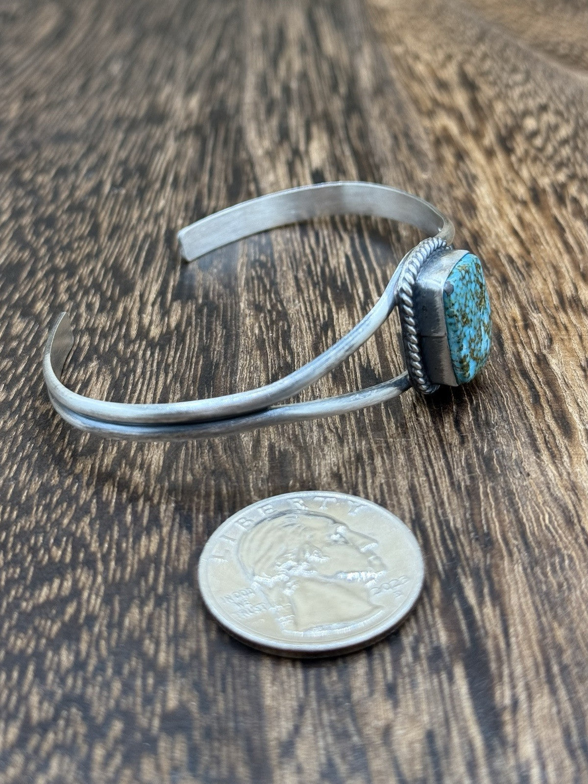 Navajo Handmade Sterling Silver Kingman Turquoise Stacker Old Look Bracelet