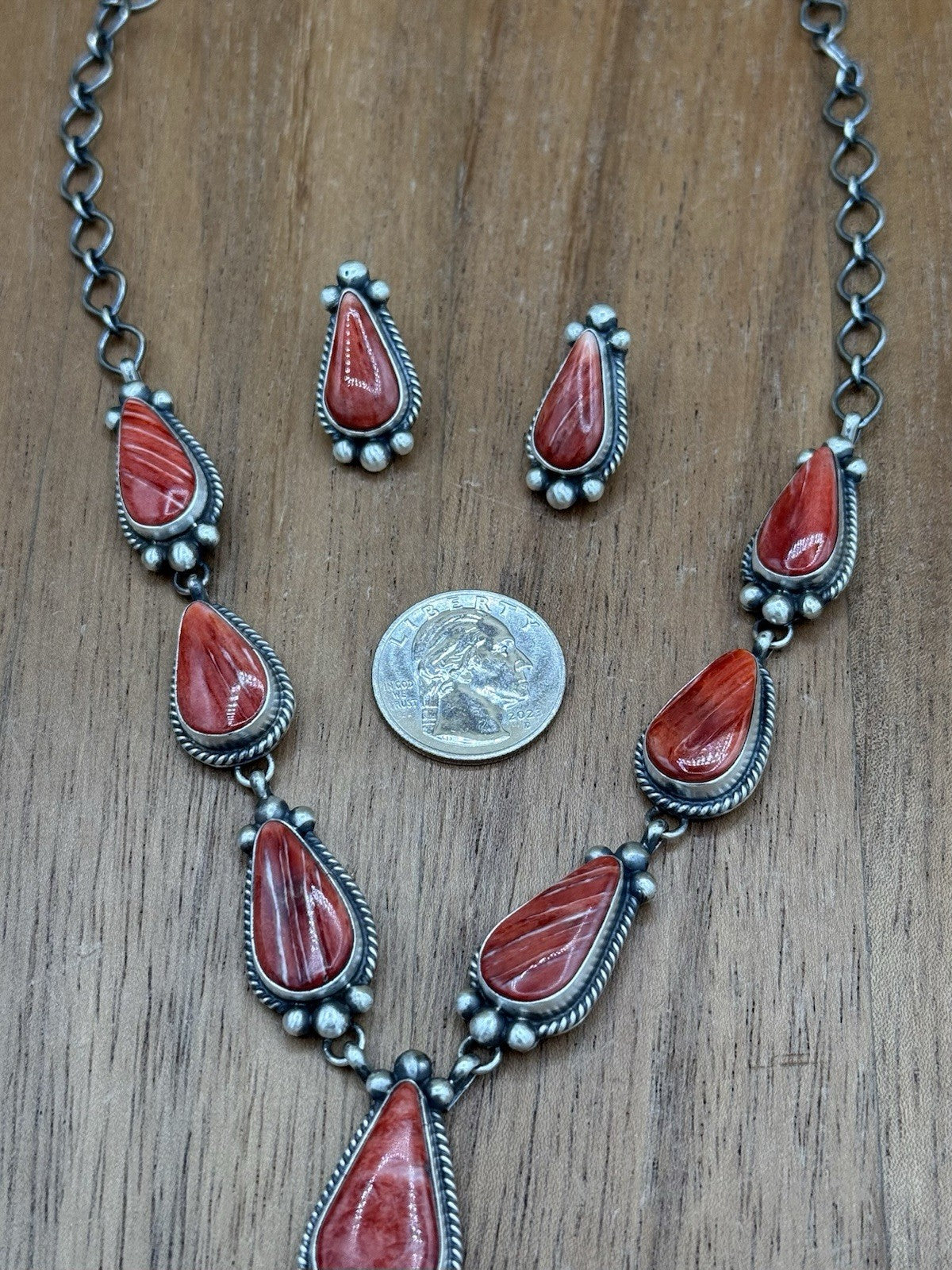 Navajo Handmade Sterling Silver Red Spiny Oyster Shell Lariat Necklace Set 20”