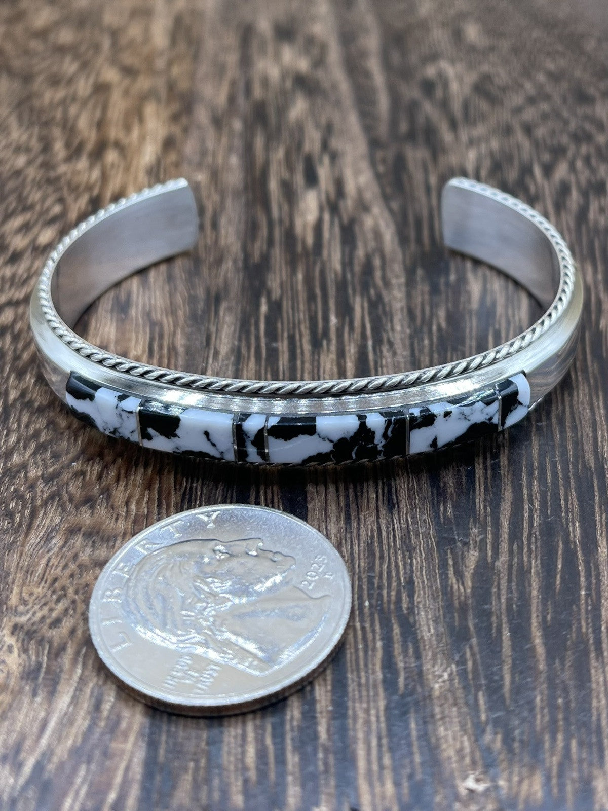 Navajo Handmade Sterling Silver White Buffalo Inlay Cuff Bracelet Francis Yazzie