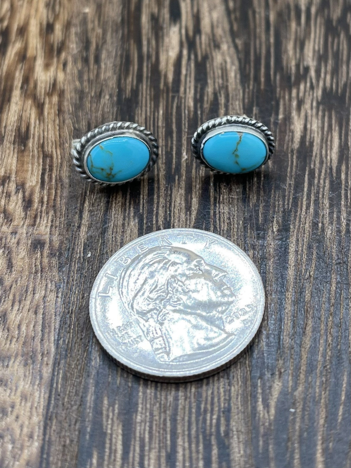 Navajo Handmade Sterling Silver Kingman Turquoise Post Stud Earrings Byron Begay