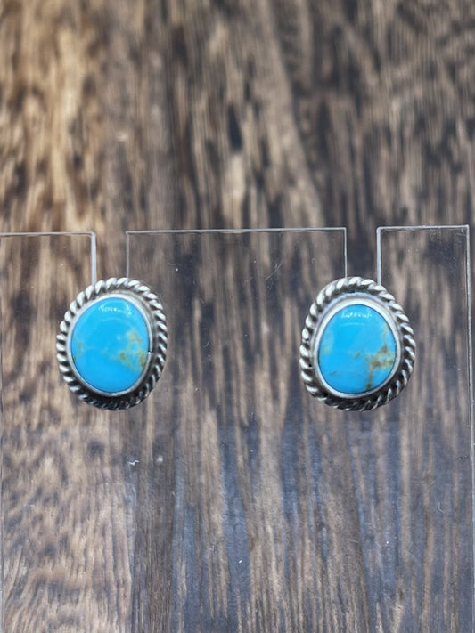 Navajo Handmade Sterling Silver Kingman Turquoise Post Stud Earrings Byron Begay