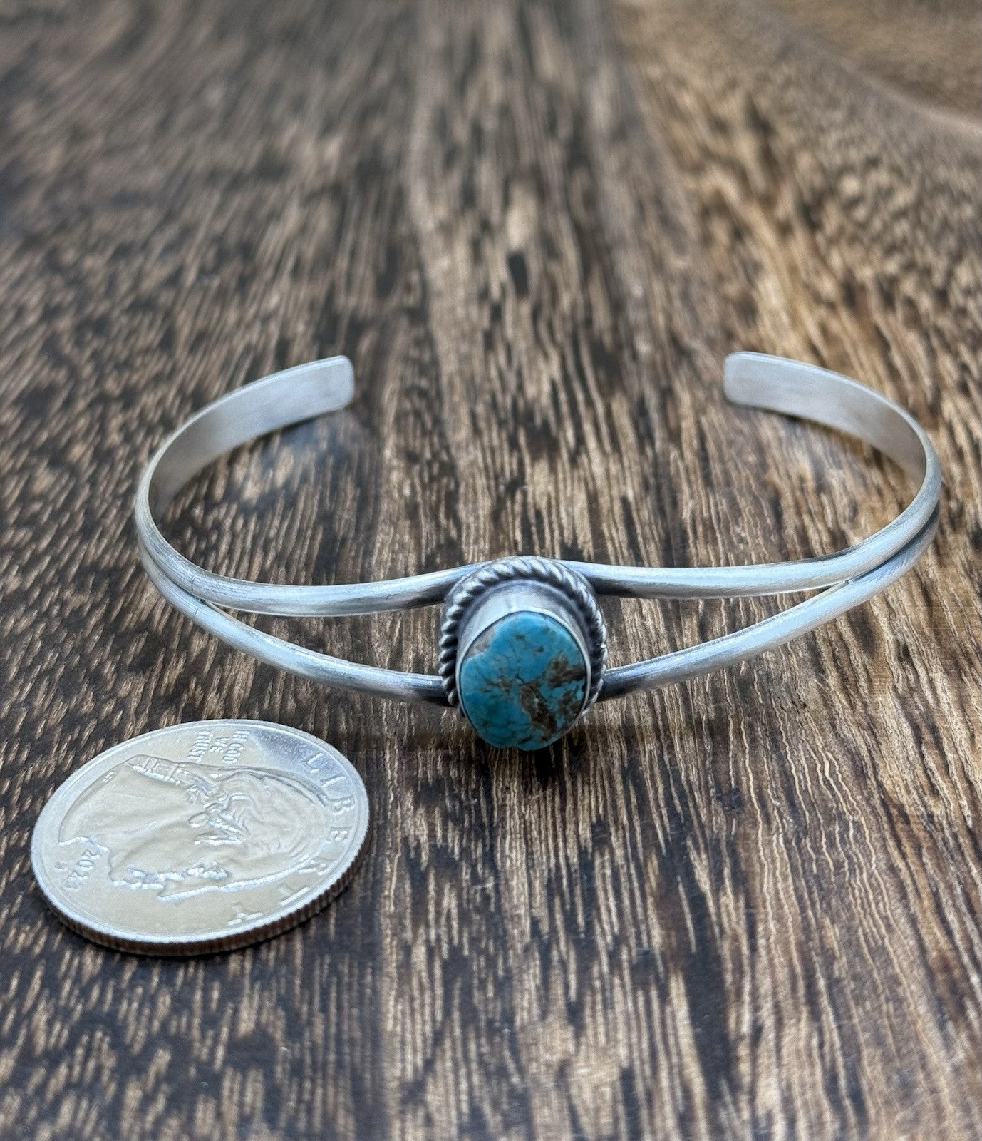 Navajo Handmade Sterling Silver Kingman Turquoise Stacker Old Look Bracelet