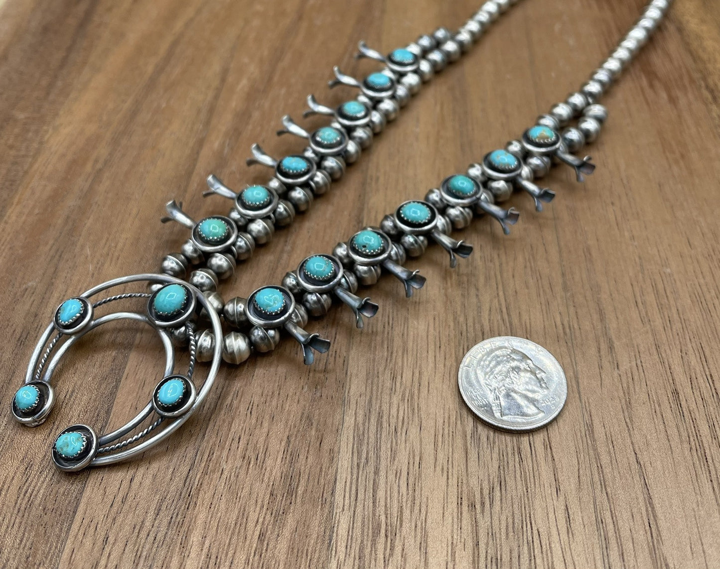 Navajo Handmade Sterling Silver Turquoise Shadowbox Squash Blossom Necklace 19”