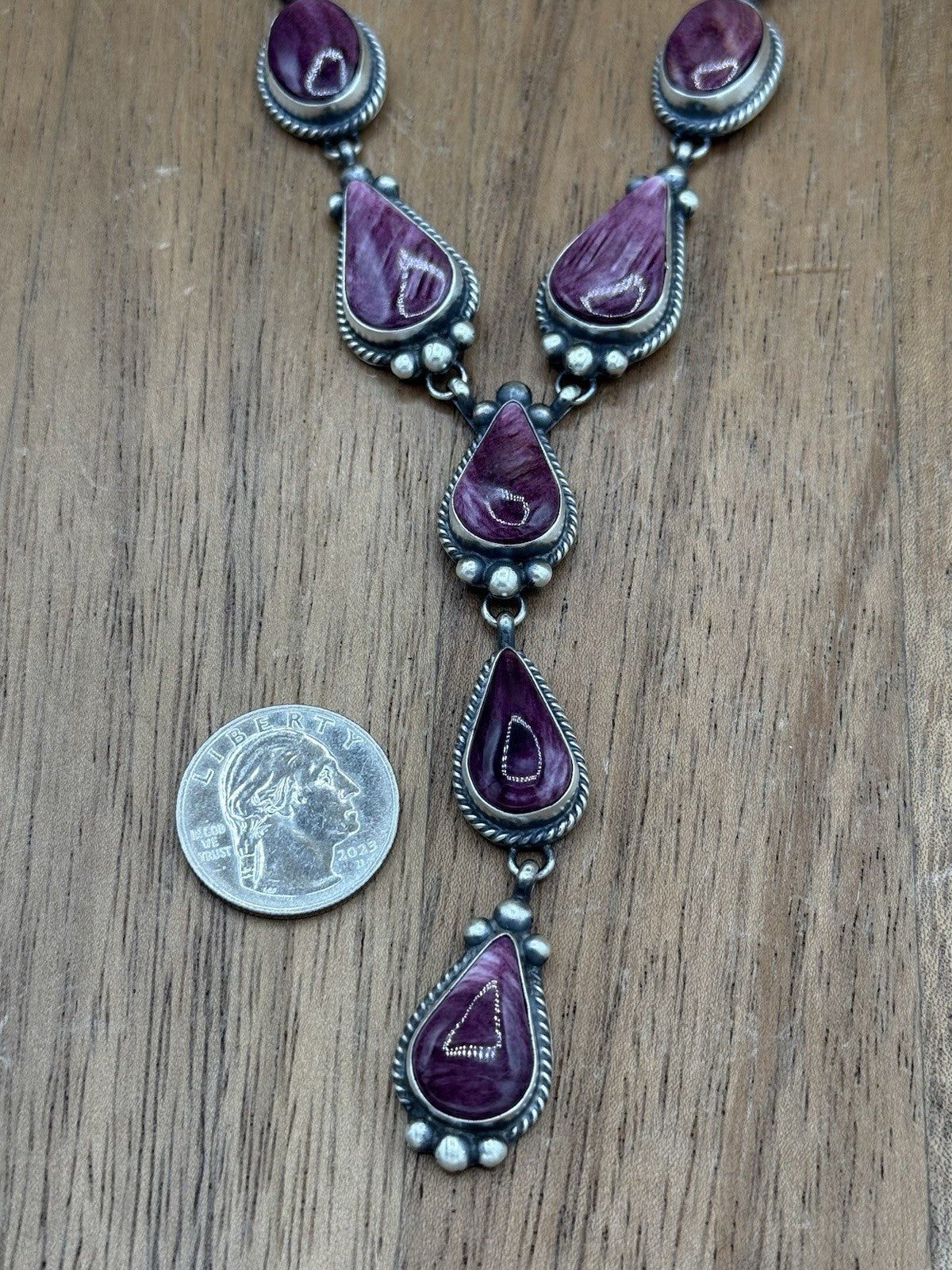 Navajo Handmade Sterling Silver Purple Spiny Oyster Lariat Necklace Set 20”