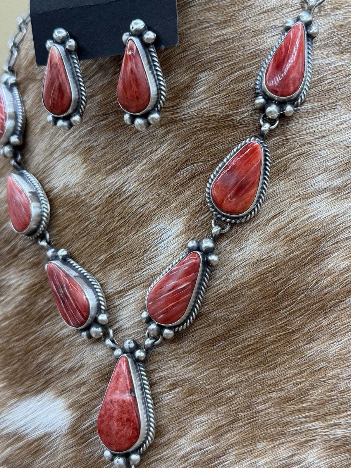 Navajo Handmade Sterling Silver Red Spiny Oyster Shell Lariat Necklace Set 20”
