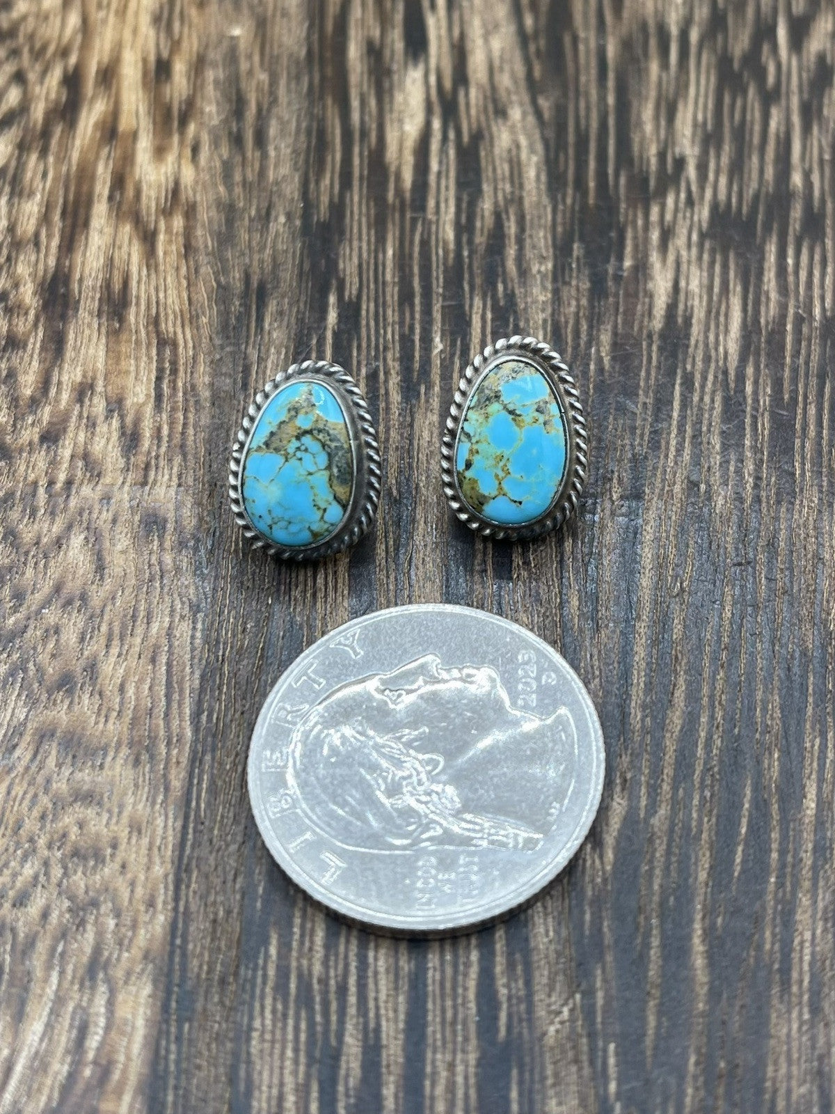 Navajo Handmade Sterling Silver Kingman Turquoise Post Stud Earrings Byron Begay