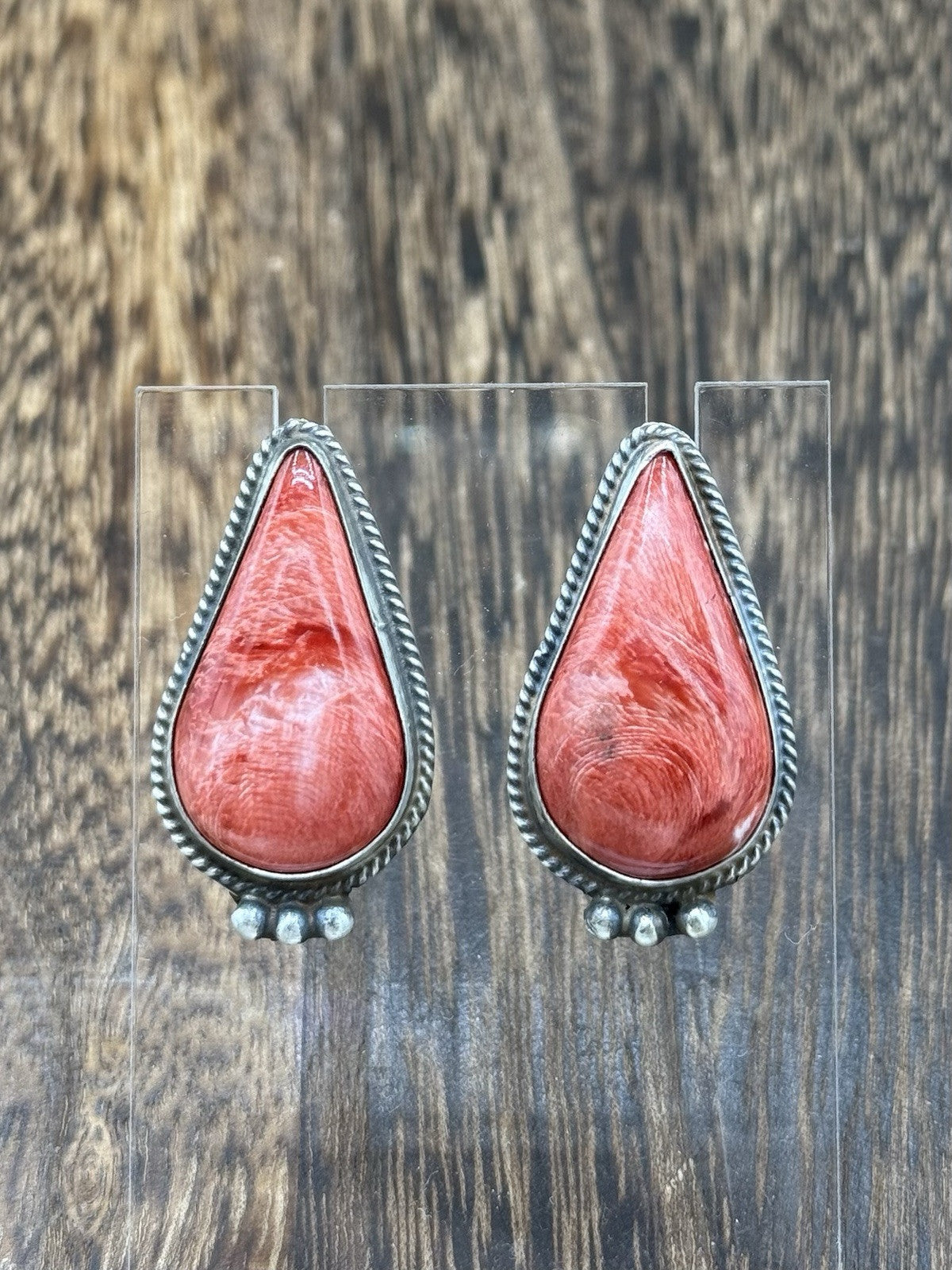 Navajo Handmade Sterling Silver Red Spiny Oyster Post Earrings By Byron Begay