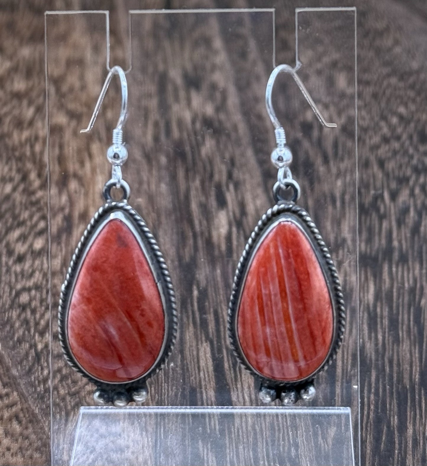 Navajo Handmade Sterling Silver Red Spiny Oyster Dangle Earrings By Byron Begay