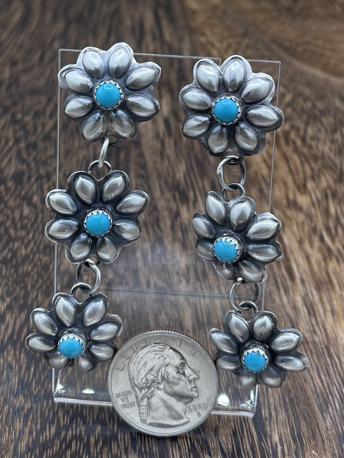 Navajo Handmade Sterling Silver Kingman Turquoise Old Look Concho Earrings G.T.Y