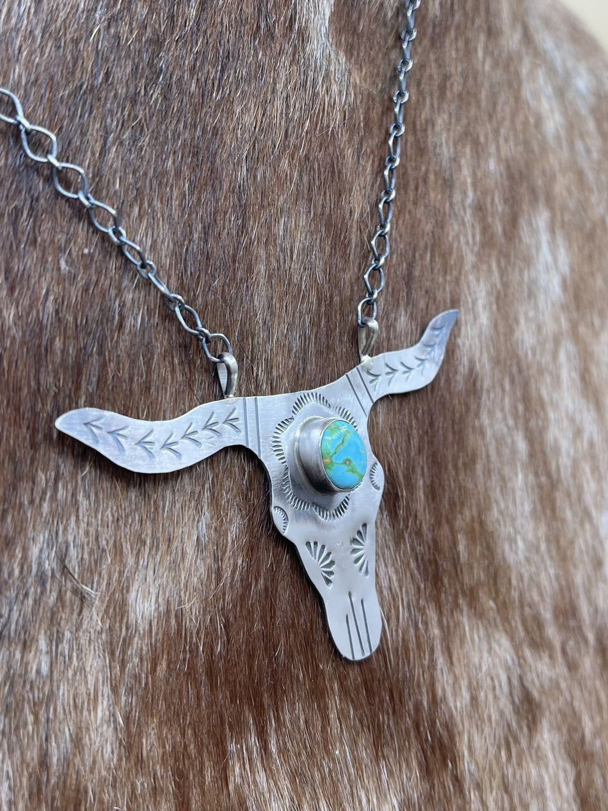 Navajo Handmade Sterling Silver Sonoran Turquoise Longhorn Necklace Betta Lee