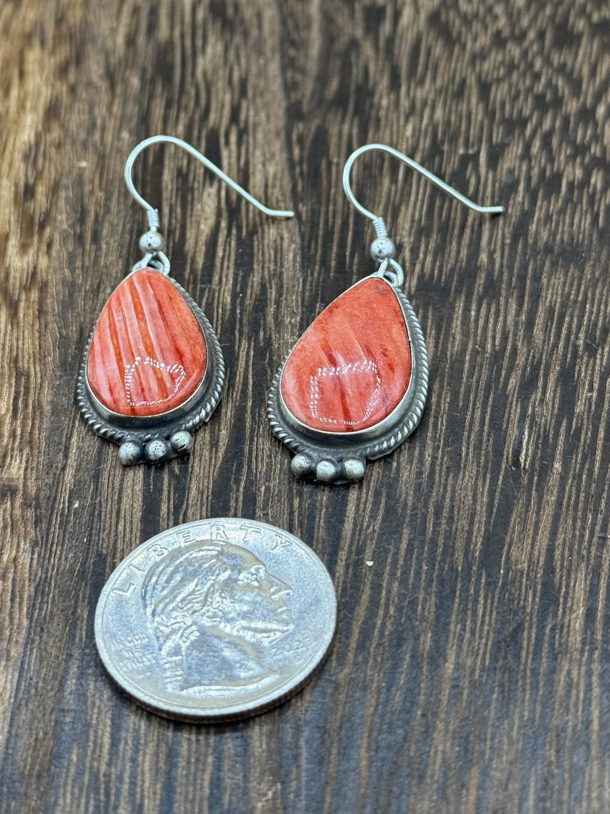 Navajo Handmade Sterling Silver Red Spiny Oyster Dangle Earrings By Byron Begay