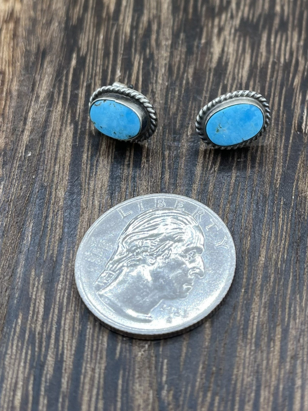 Navajo Handmade Sterling Silver Kingman Turquoise Post Stud Earrings Byron Begay