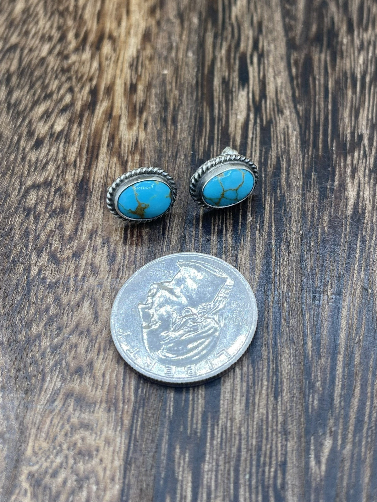 Navajo Handmade Sterling Silver Kingman Turquoise Post Stud Earrings Byron Begay