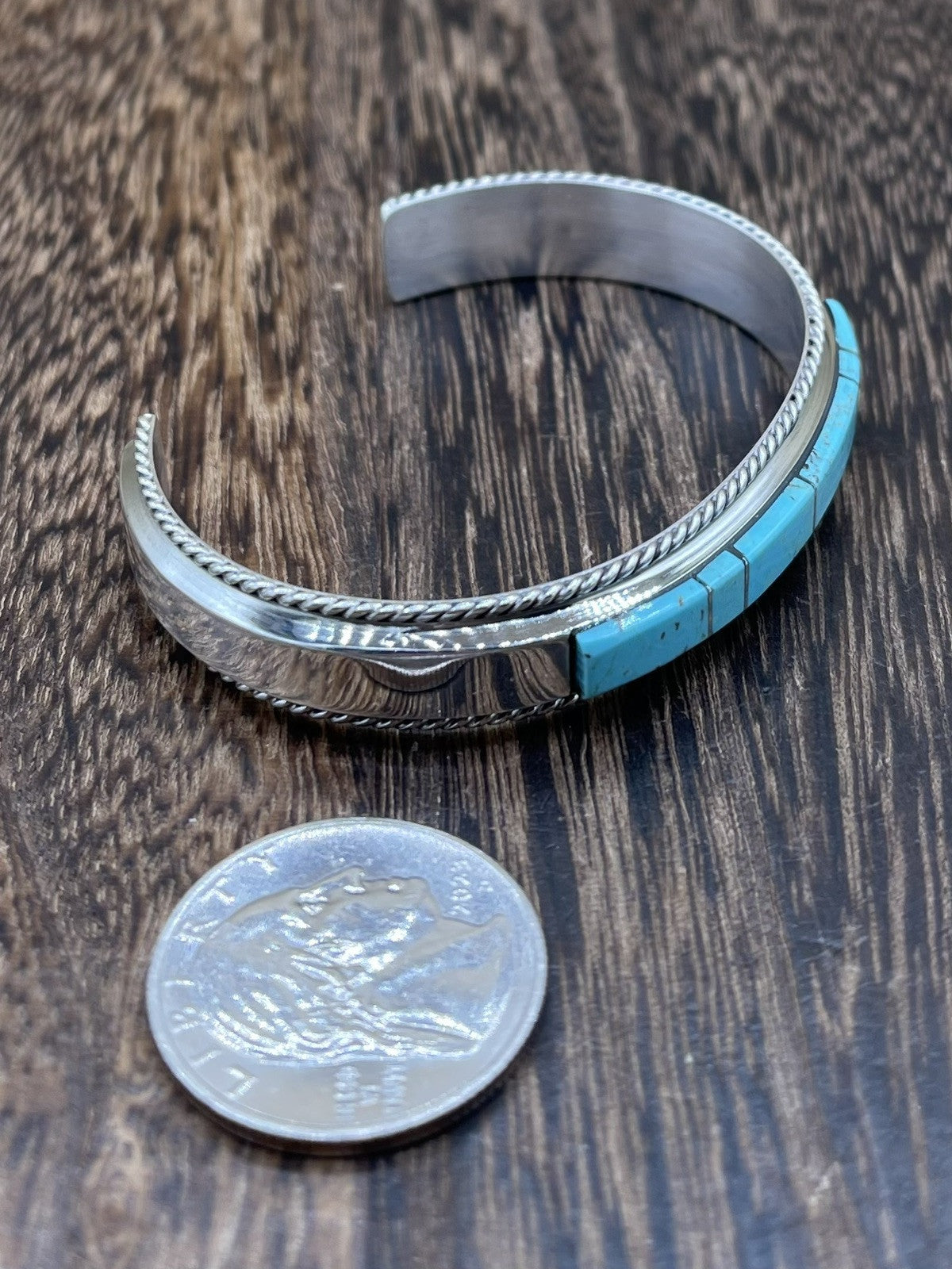 Navajo Handmade Sterling Silver Kingman Turquoise Inlay Bracelet Francis Yazzie