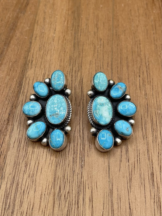 Navajo Handmade Sterling Silver Kingman Turquoise Half Cluster Earrings Tricia S