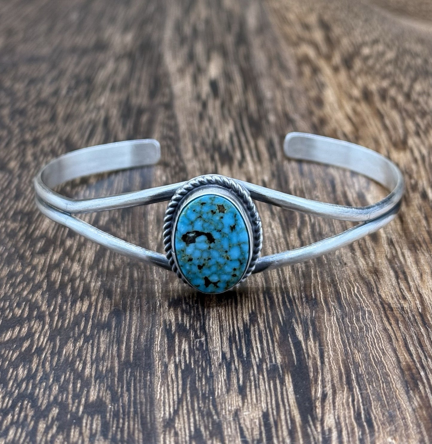 Navajo Handmade Sterling Silver Kingman Turquoise Stacker Old Look Bracelet