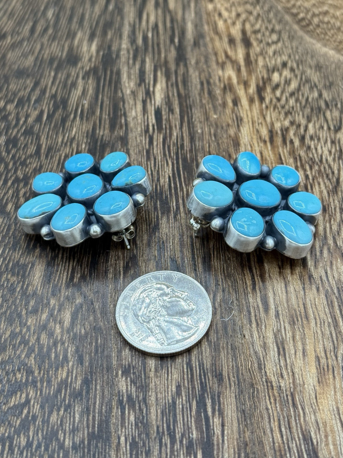 Navajo Handmade Sterling Silver Kingman Turquoise Cluster Earrings Tricia Smith