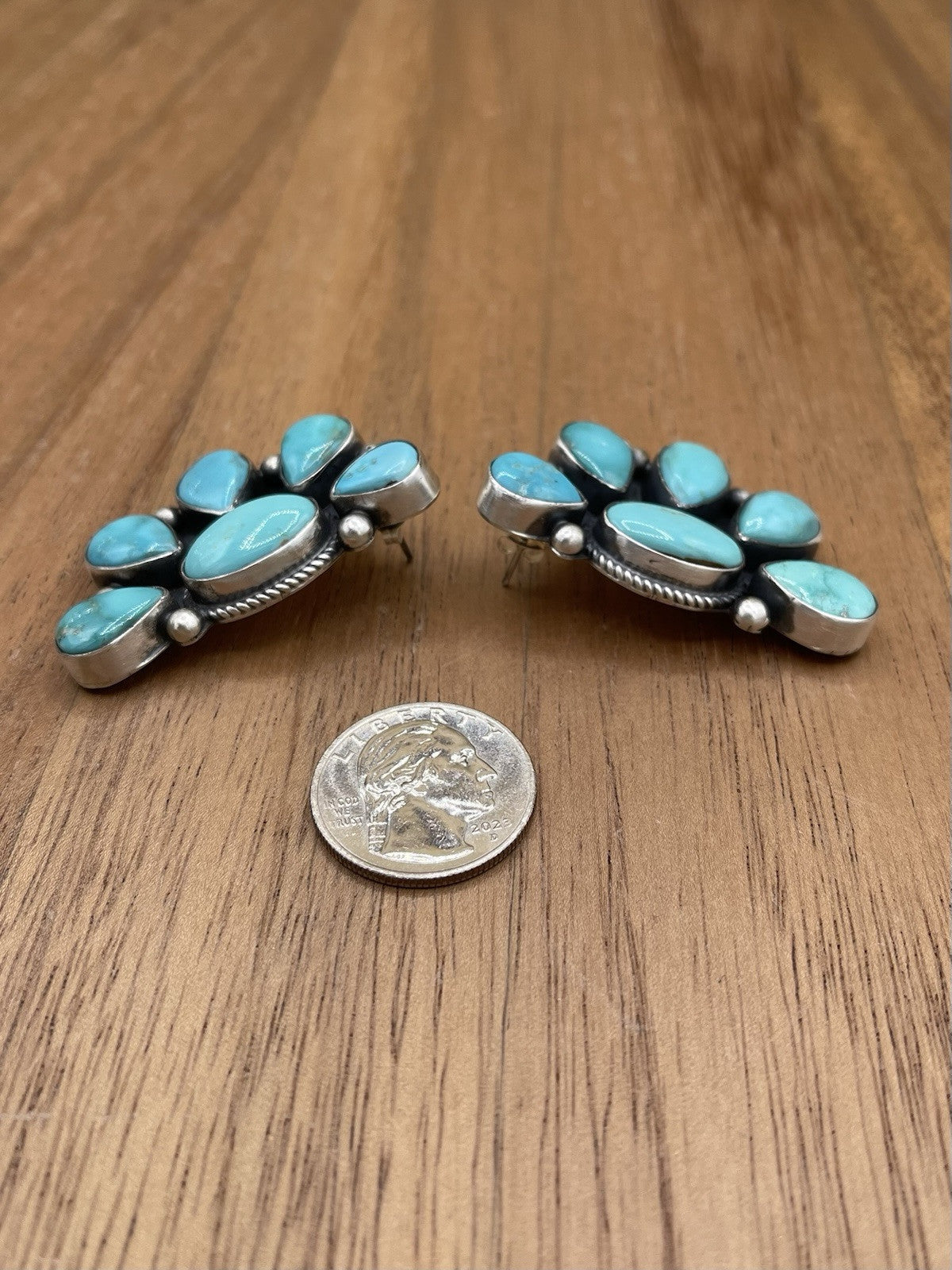 Navajo Handmade Sterling Silver Kingman Turquoise Half Cluster Earrings Tricia S