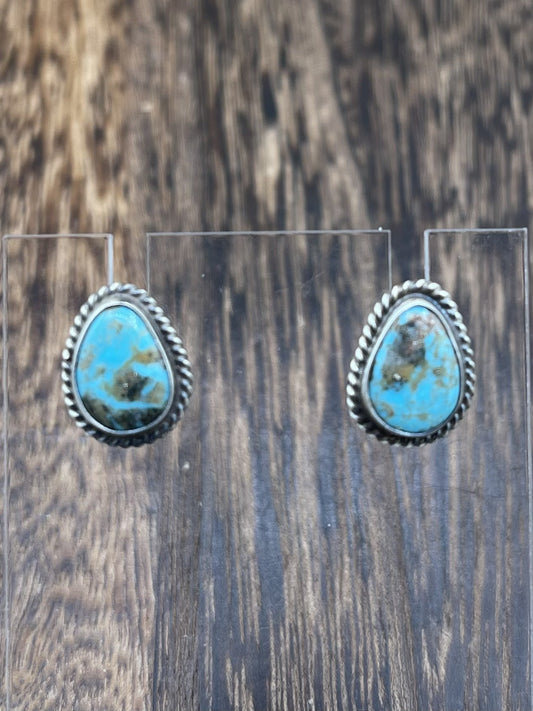 Navajo Handmade Sterling Silver Kingman Turquoise Post Stud Earrings Byron Begay