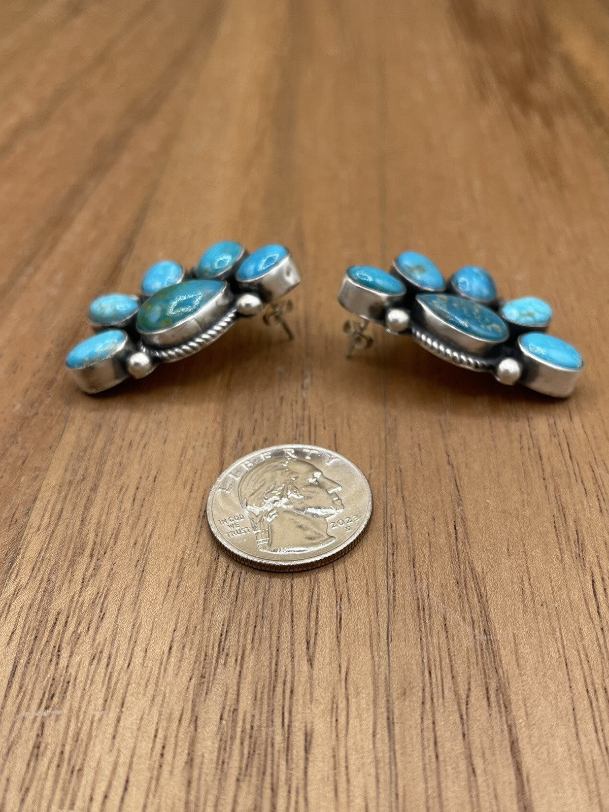 Navajo Handmade Sterling Silver Kingman Turquoise Half Cluster Earrings Tricia S