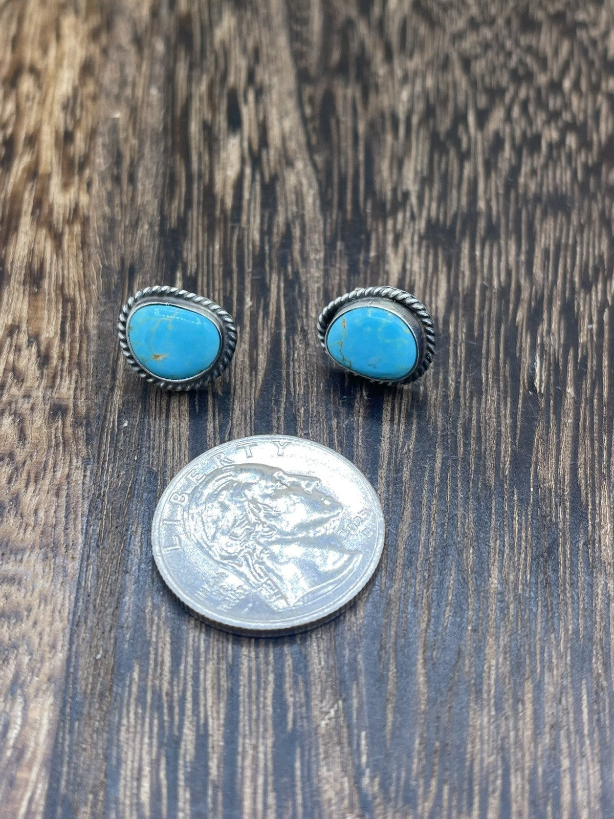 Navajo Handmade Sterling Silver Kingman Turquoise Post Stud Earrings Byron Begay