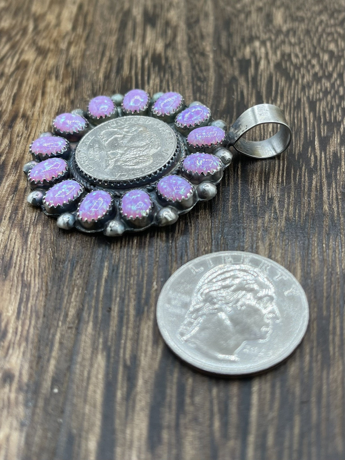 Navajo Handmade Sterling Silver Pink Opal Cluster Buffalo Coin Pendant By Phil G