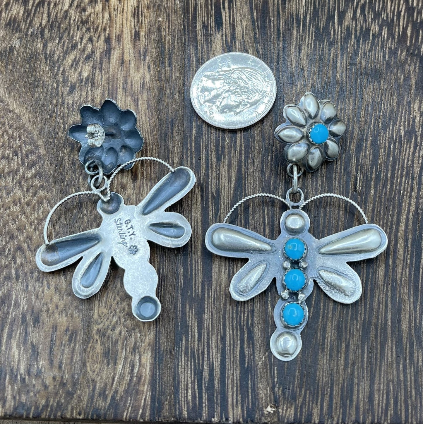 Navajo Handmade Sterling Silver Kingman Turquoise Dragonfly Post Dangle Earrings