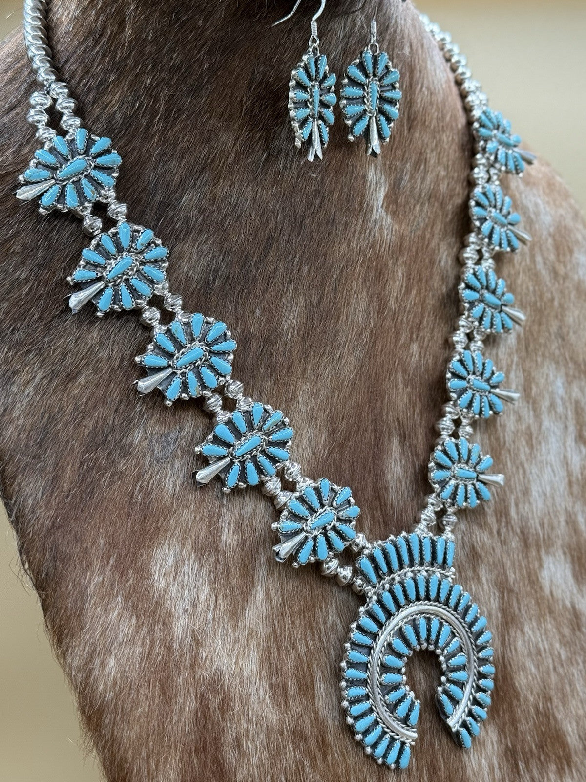 Navajo Handmade Sterling Silver Turquoise Squash Blossom Necklace 22” Mathilda B