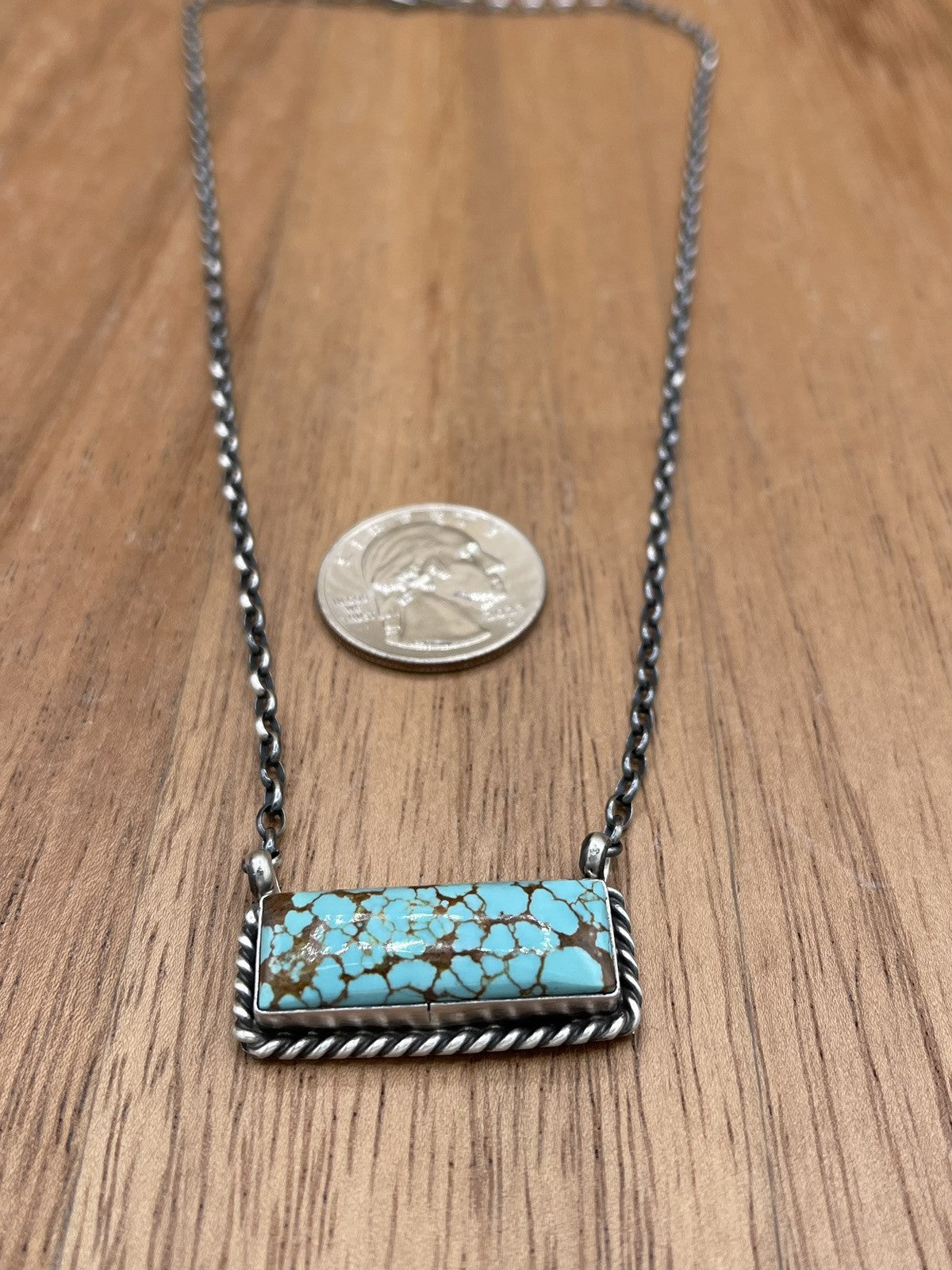 Navajo Handmade Sterling Silver #8 Turquoise Bar Necklace 18” by Augustine Largo