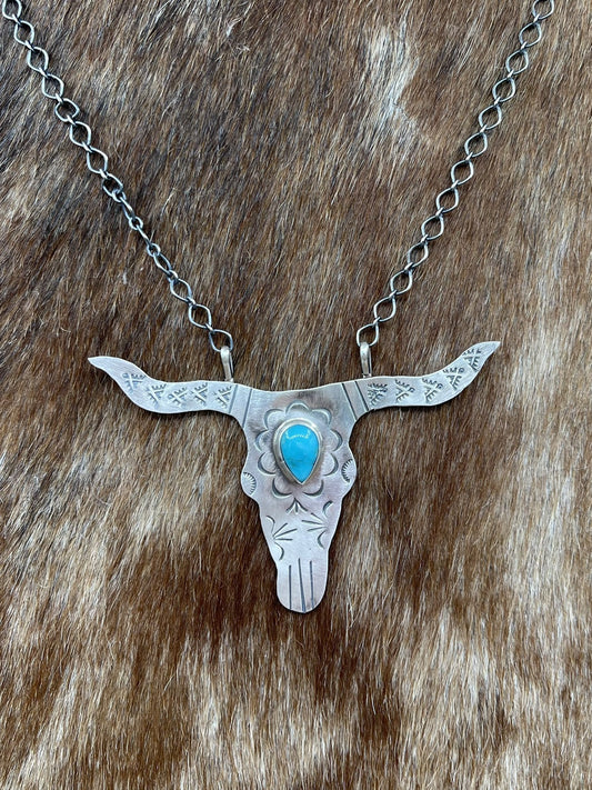 Navajo Handmade Sterling Silver Kingman Turquoise Longhorn Necklace By Betta Lee