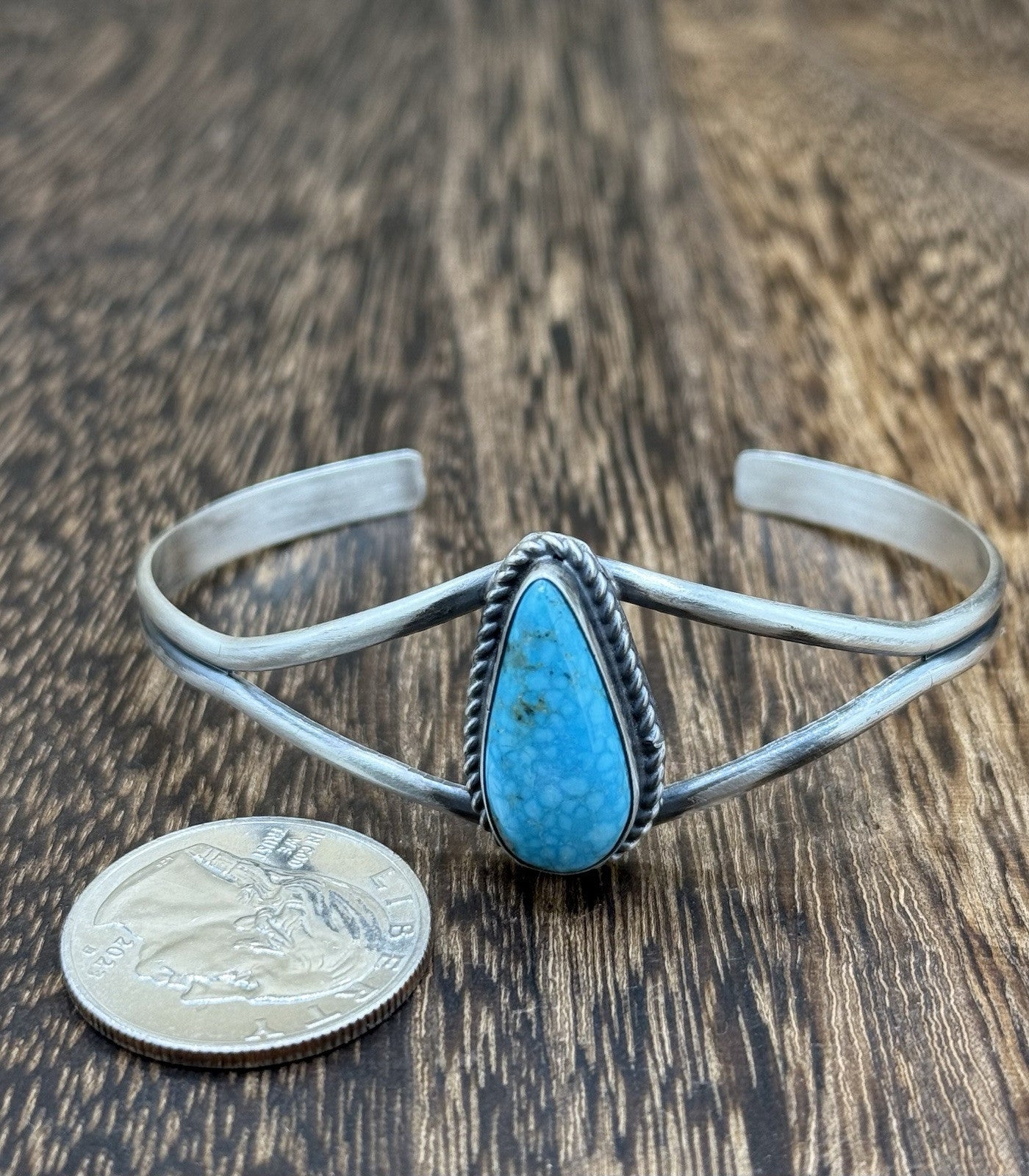 Navajo Handmade Sterling Silver Kingman Turquoise Stacker Old Look Bracelet