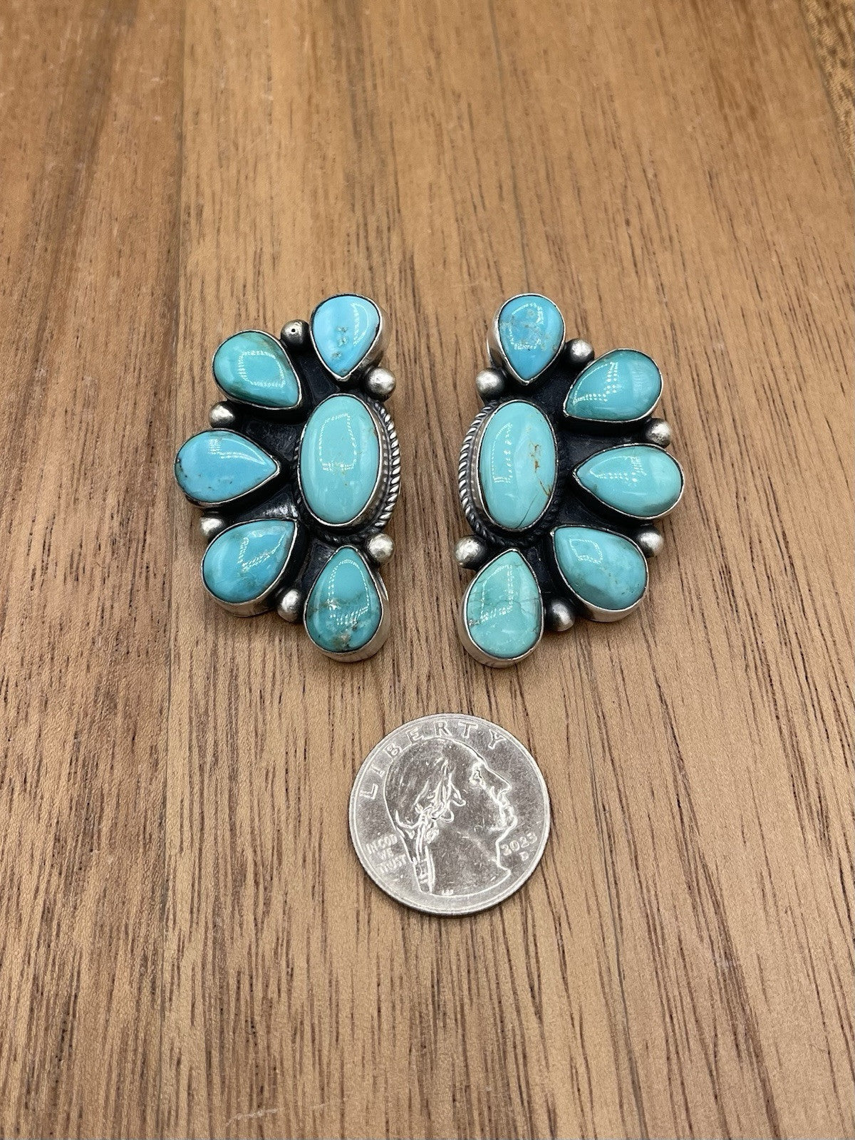 Navajo Handmade Sterling Silver Kingman Turquoise Half Cluster Earrings Tricia S