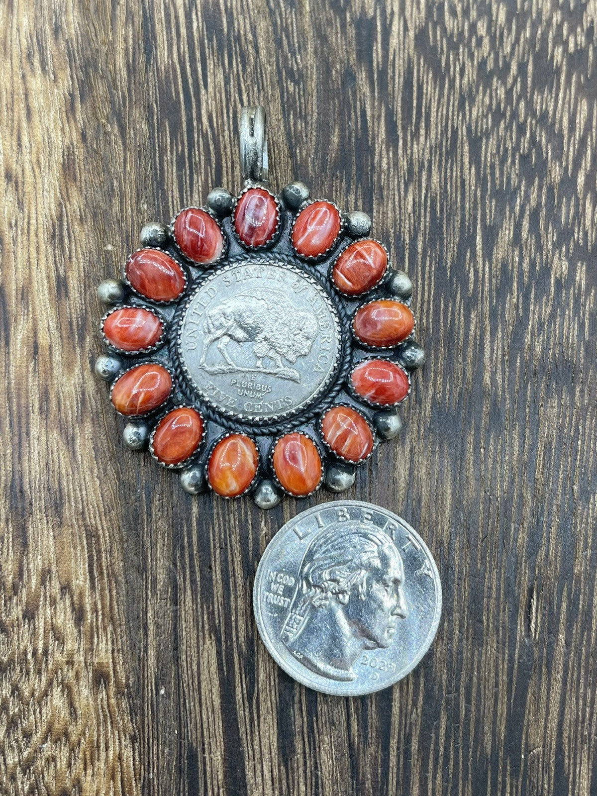 Navajo Handmade Sterling Silver Red Spiny Oyster Cluster Buffalo Coin Pendant