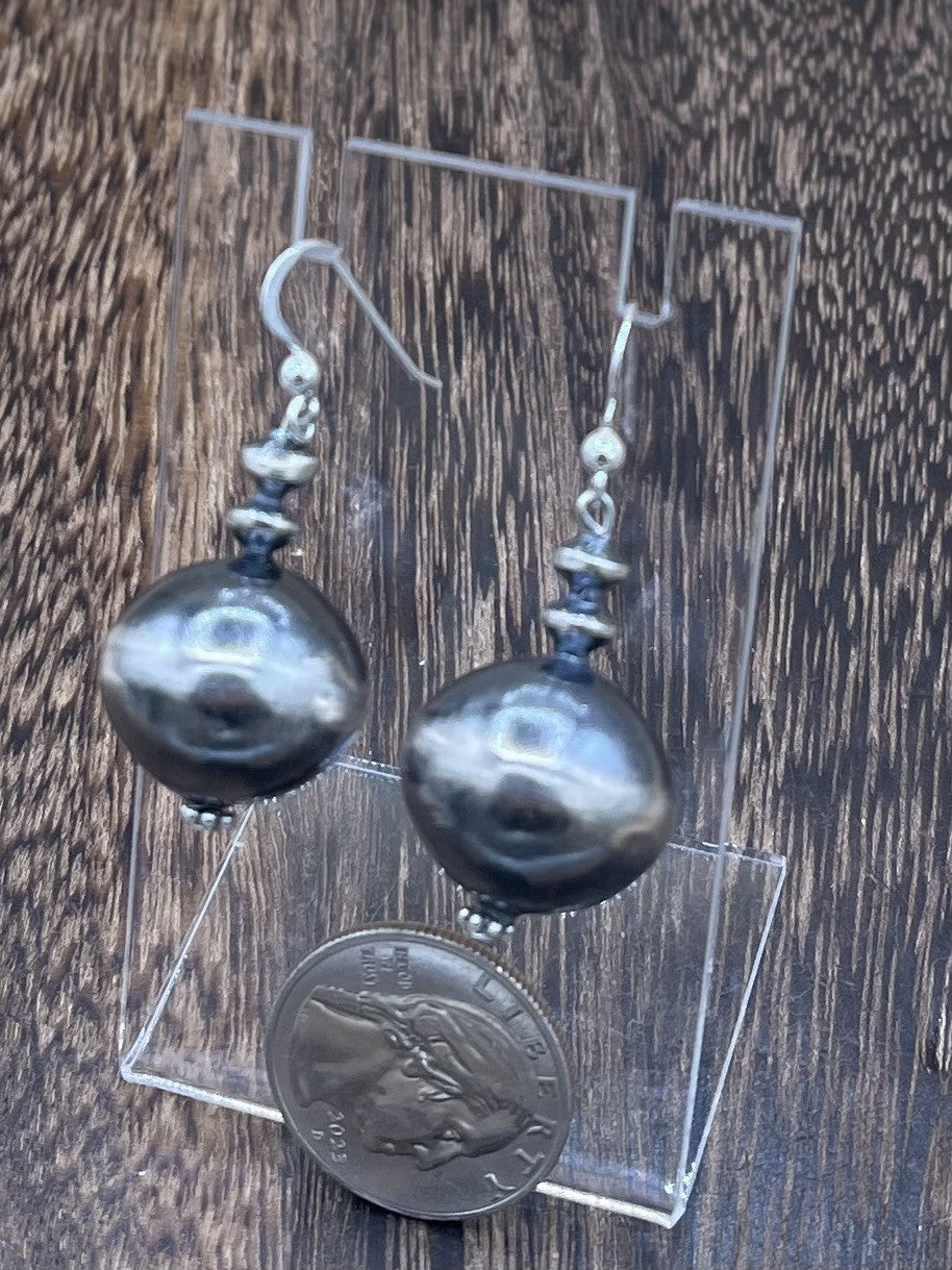 Navajo Handmade Sterling Silver Large Pearl Dangle Earrings By Deena Lane