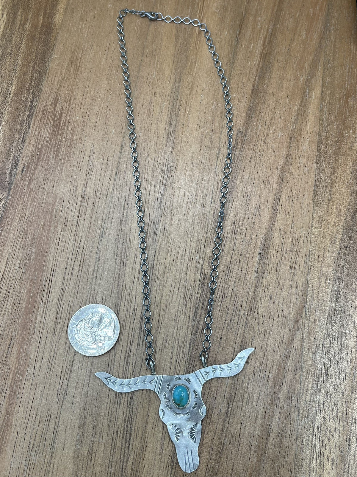 Navajo Handmade Sterling Silver Kingman Turquoise Longhorn Necklace By Betta Lee