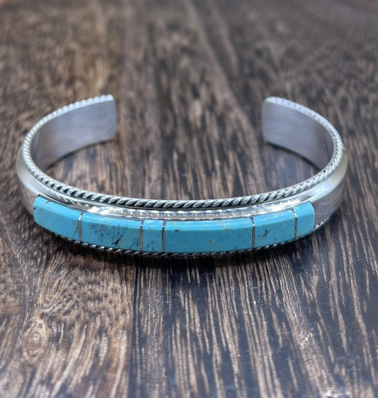 Navajo Handmade Sterling Silver Kingman Turquoise Inlay Bracelet Francis Yazzie