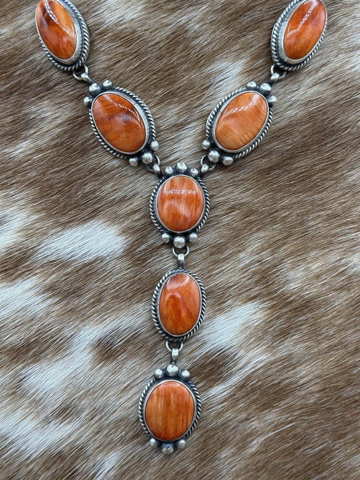 Navajo Handmade Sterling Silver Orange Spiny Oyster Lariat Necklace Set 20”