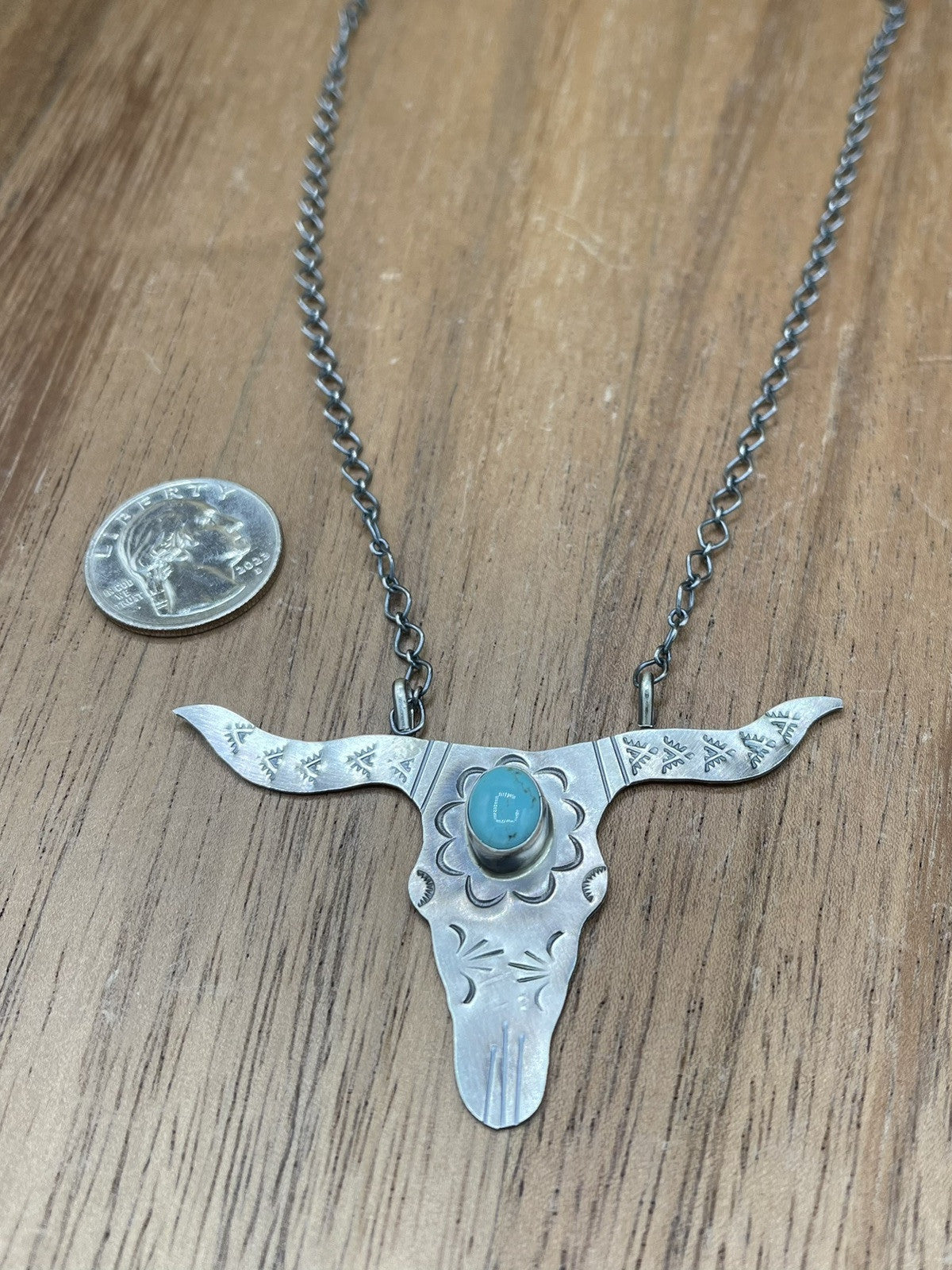 Navajo Handmade Sterling Silver Kingman Turquoise Longhorn Necklace By Betta Lee