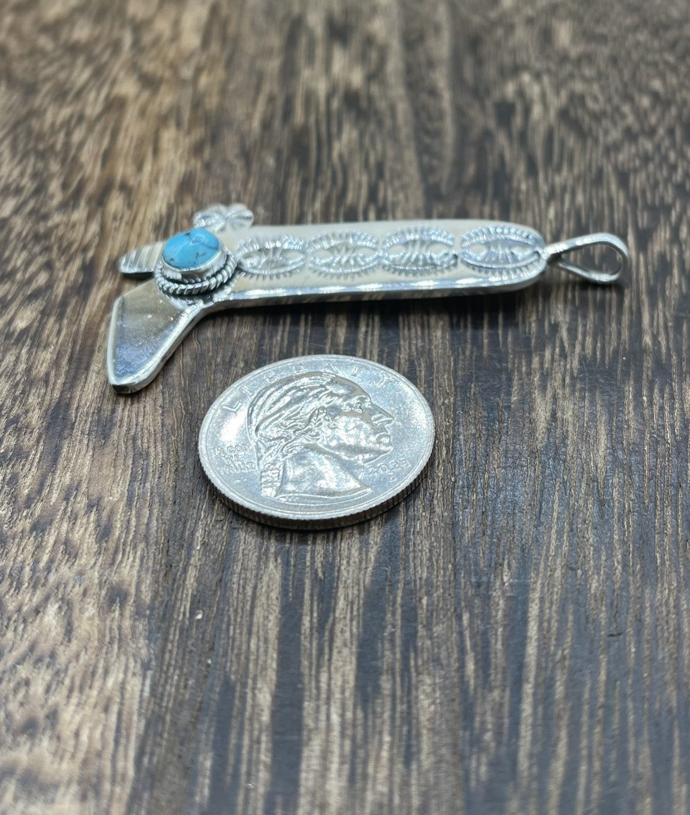 Navajo Handmade Sterling Silver Kingman Turquoise Stamped Cowboy Boot Pendant