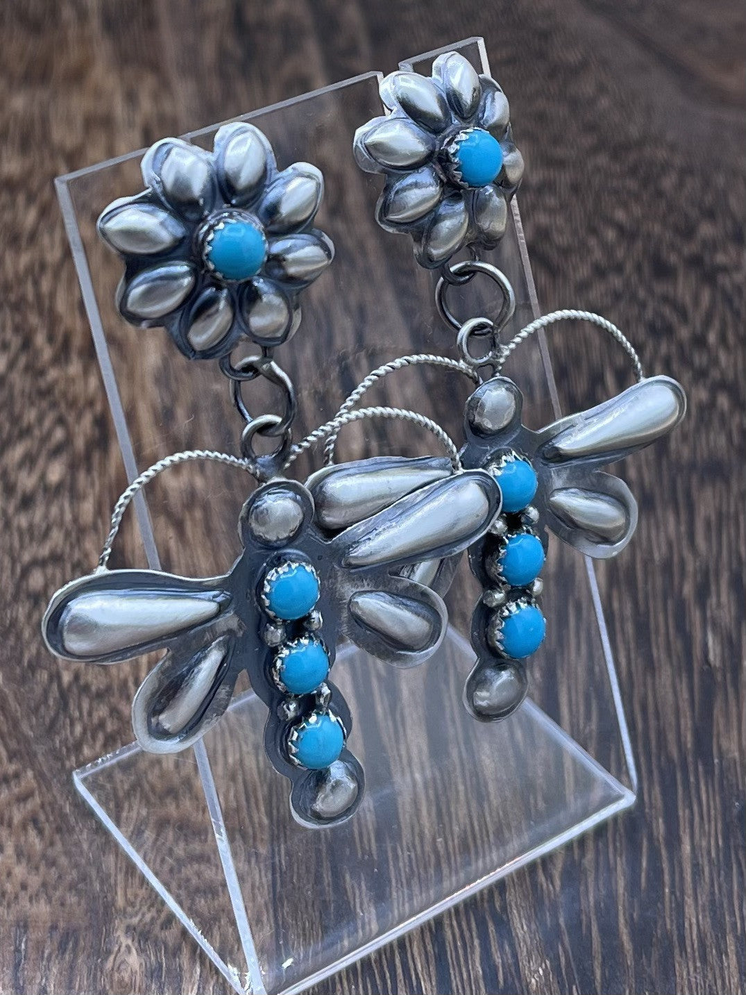 Navajo Handmade Sterling Silver Kingman Turquoise Dragonfly Post Dangle Earrings