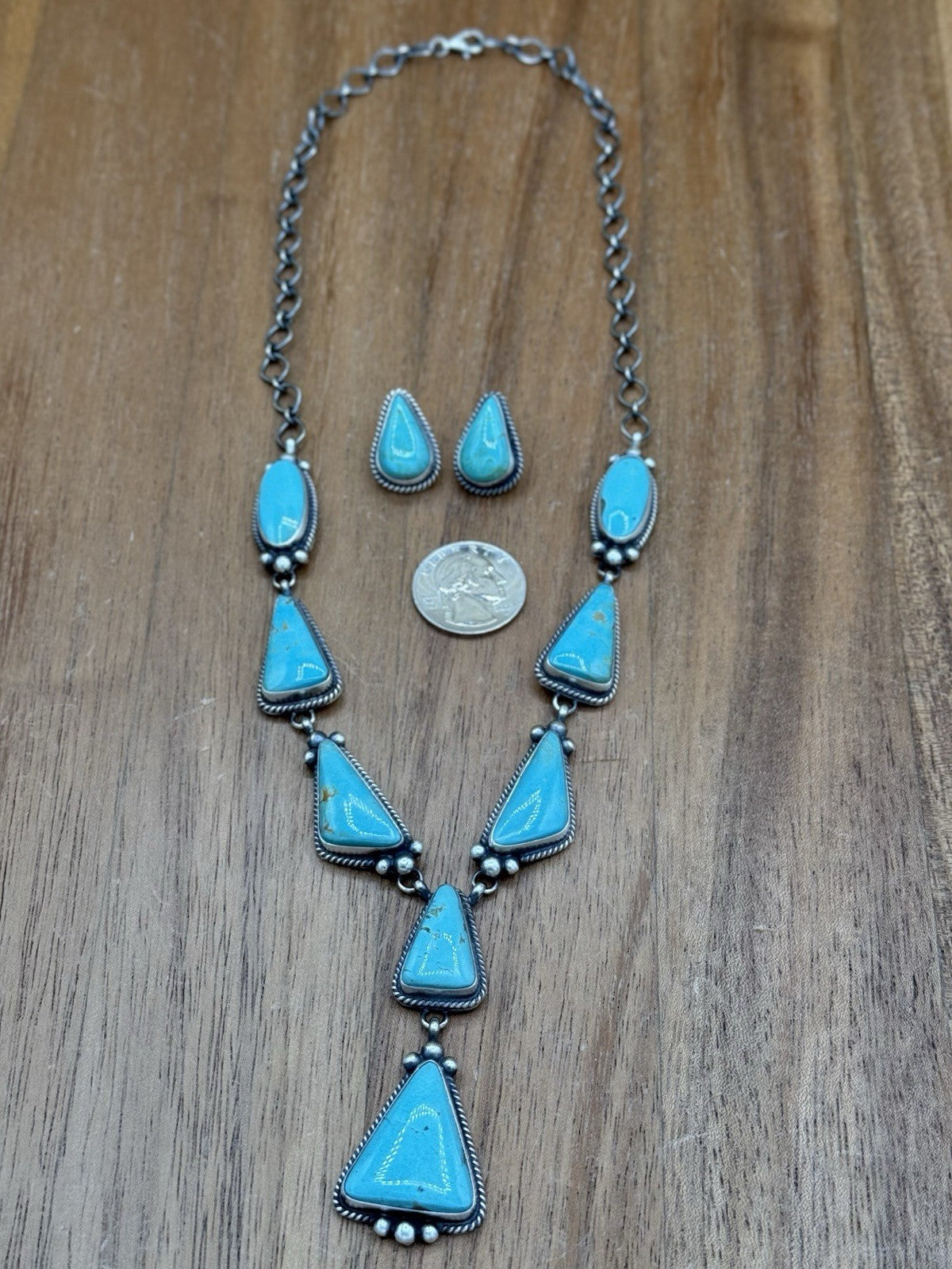 Navajo Handmade Sterling Silver Blue Glacier Turquoise Lariat Necklace Set 20”
