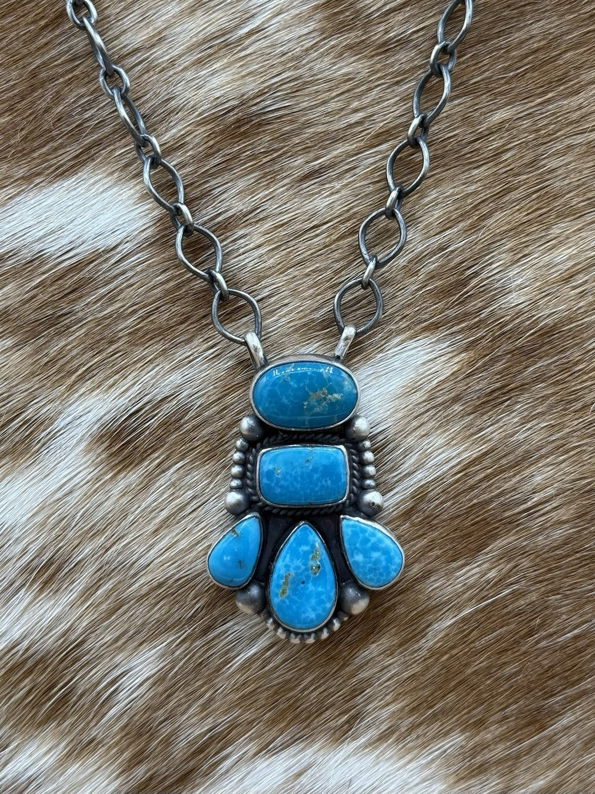 Navajo Handmade Sterling Silver Kingman Turquoise Cluster Drop Bar Necklace 18”