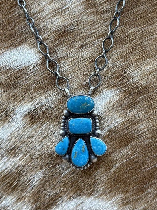 Navajo Handmade Sterling Silver Kingman Turquoise Cluster Drop Bar Necklace 18”