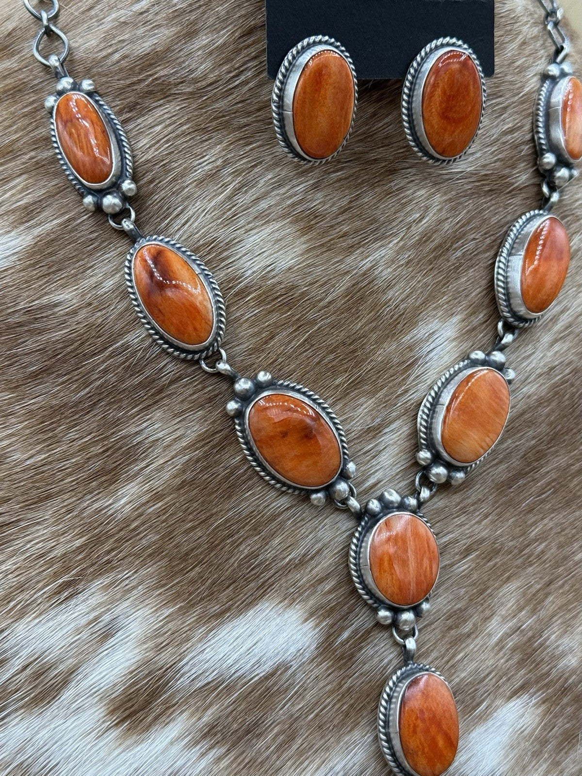 Navajo Handmade Sterling Silver Orange Spiny Oyster Lariat Necklace Set 20”