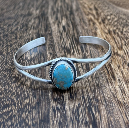 Navajo Handmade Sterling Silver Kingman Turquoise Stacker Old Look Bracelet