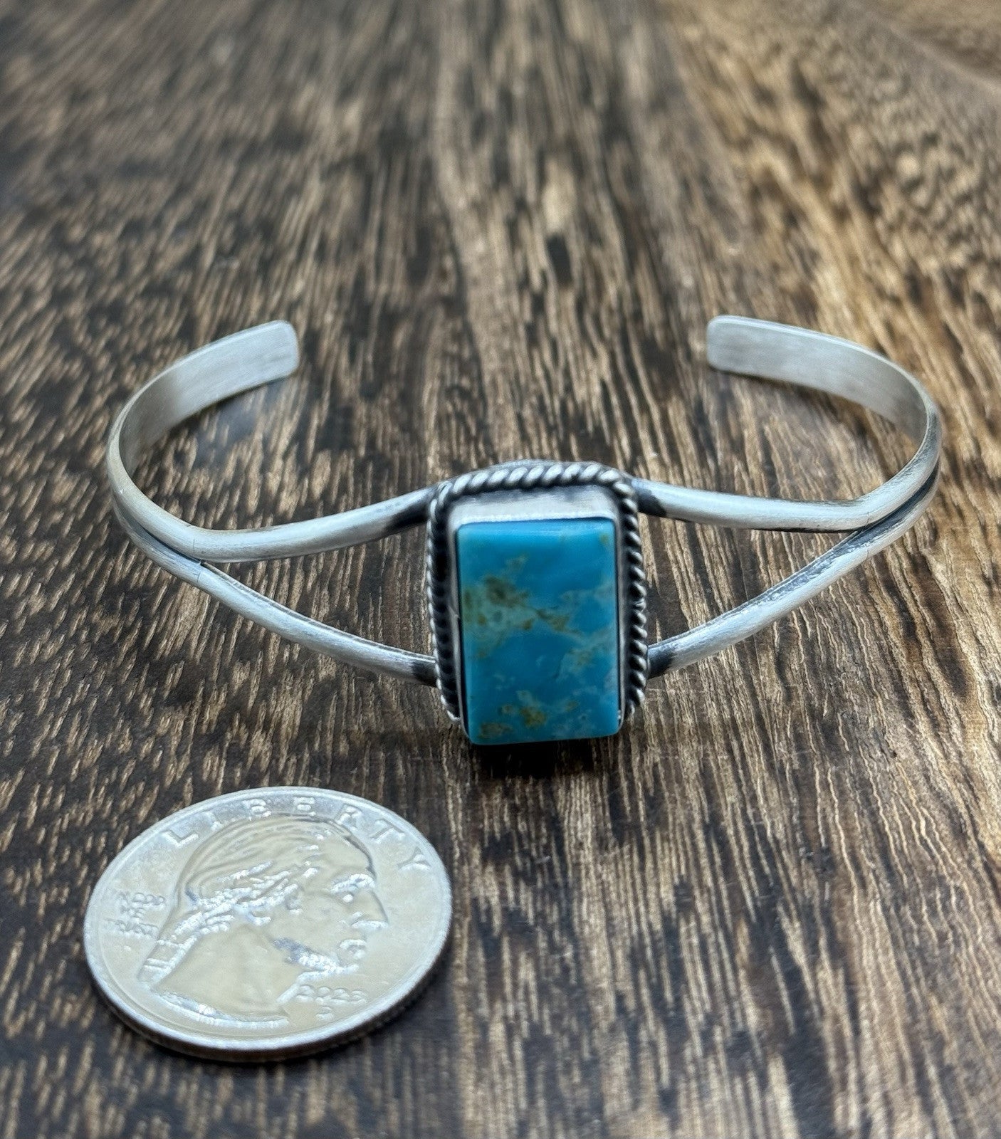 Navajo Handmade Sterling Silver Kingman Turquoise Stacker Old Look Bracelet