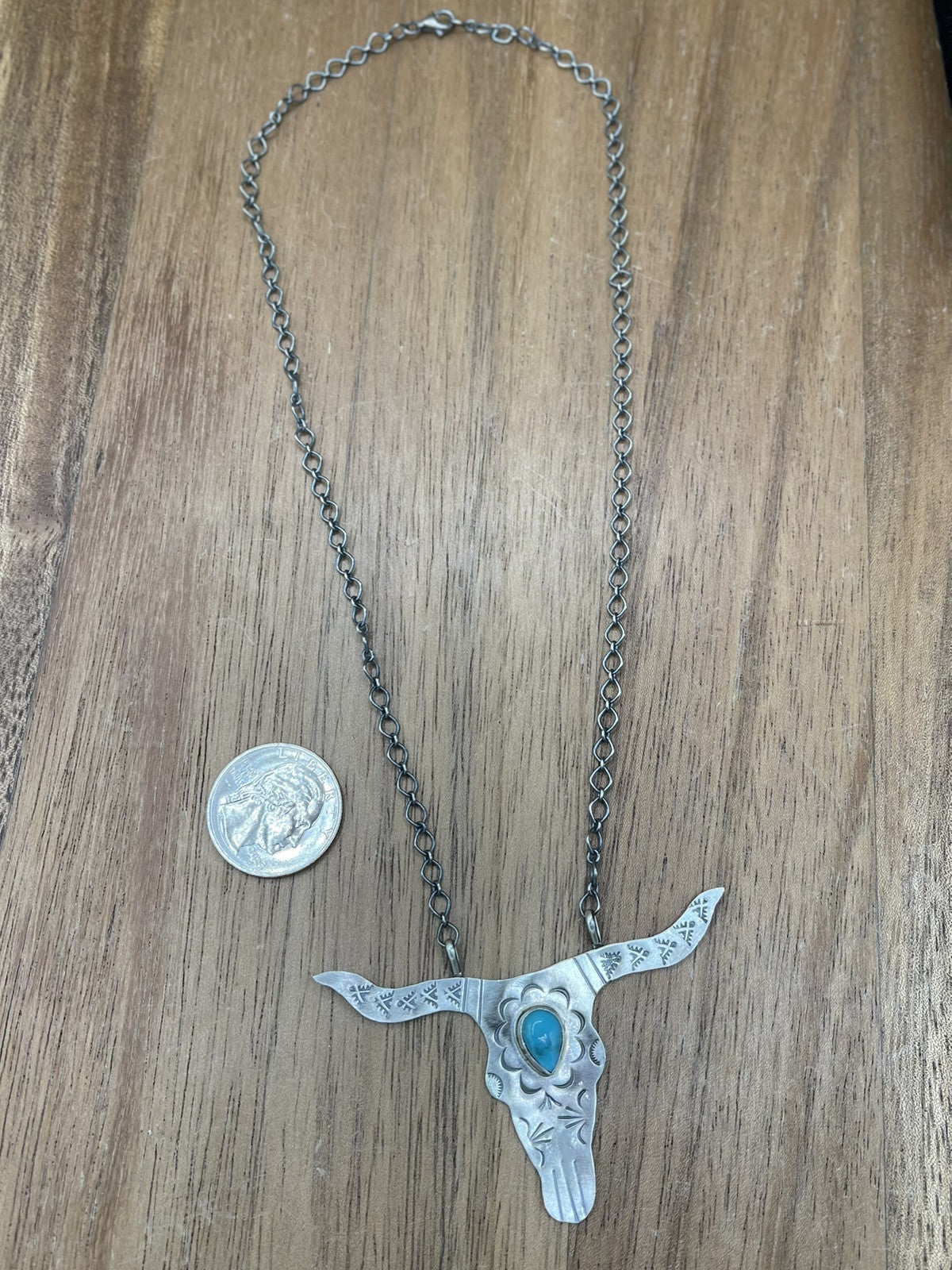 Navajo Handmade Sterling Silver Kingman Turquoise Longhorn Necklace By Betta Lee