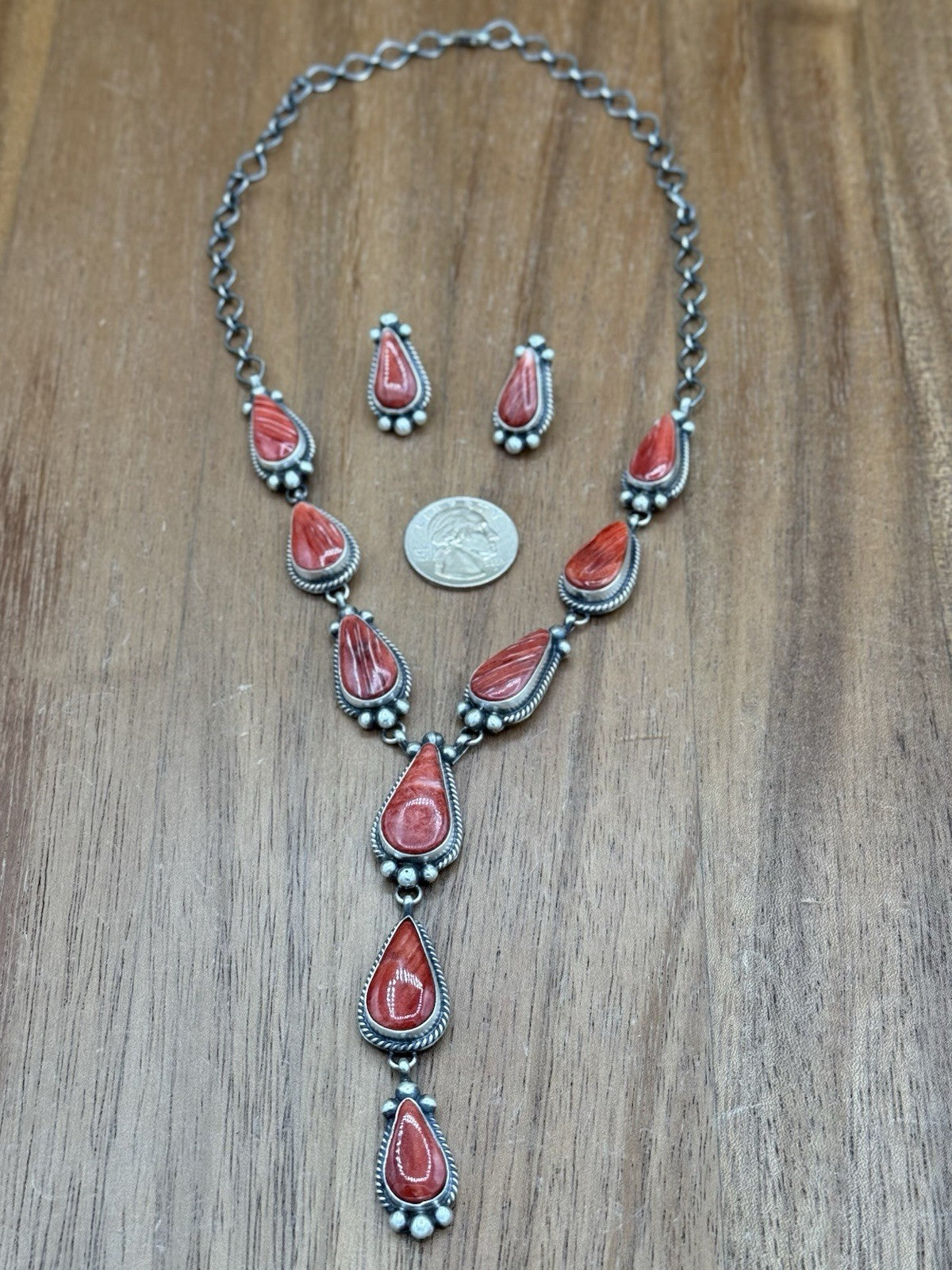 Navajo Handmade Sterling Silver Red Spiny Oyster Shell Lariat Necklace Set 20”