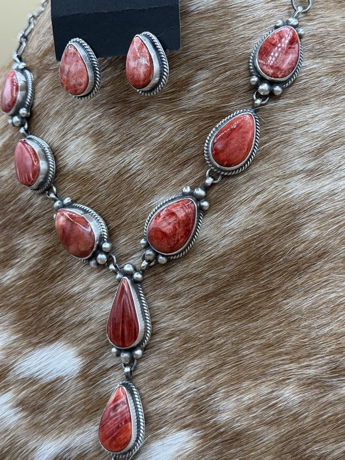 Navajo Handmade Sterling Silver Red Spiny Oyster Shell Lariat Necklace Set 20”